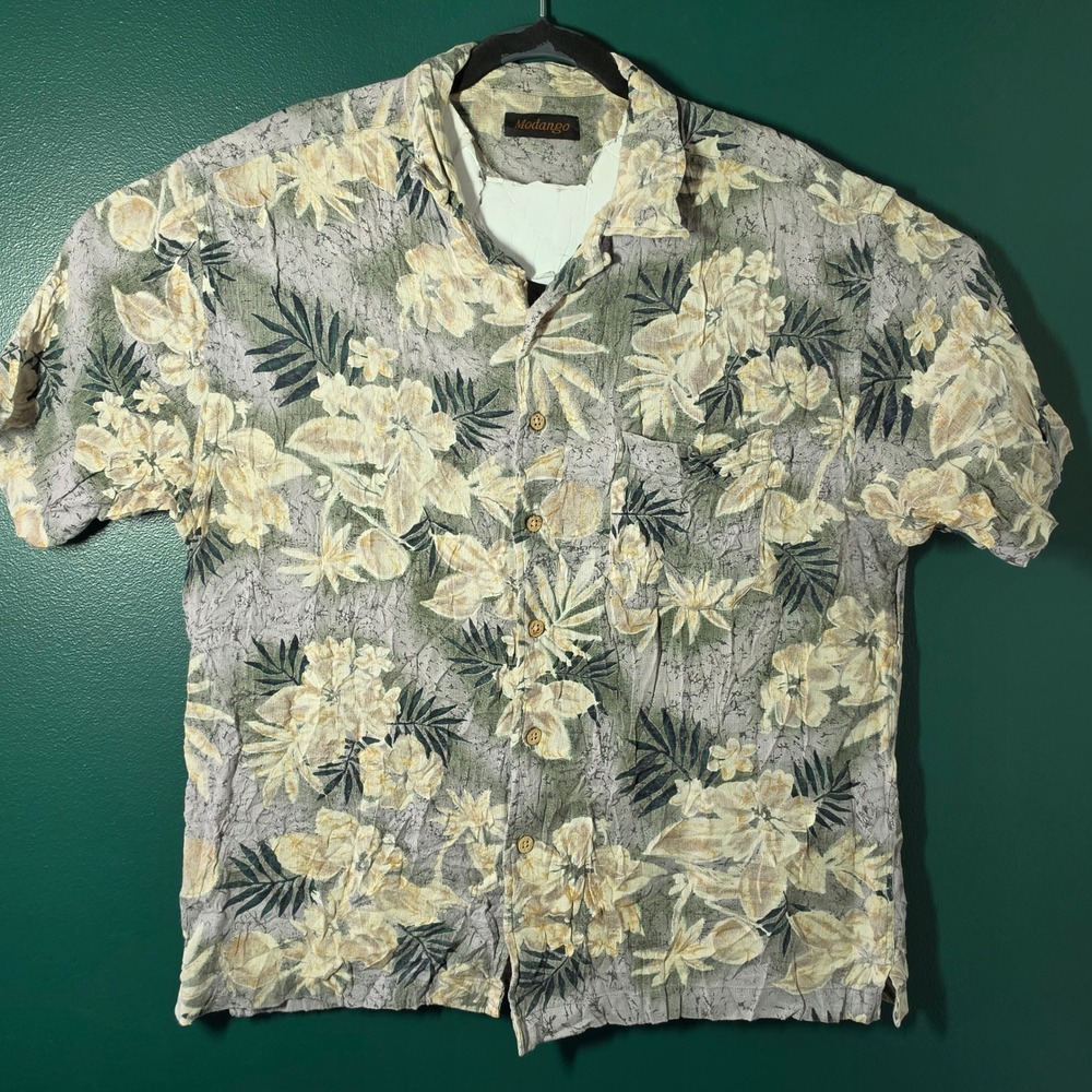 Modango Mens Floral Tropical Short Sleeve Button Down Shirt Gray Tan Large
